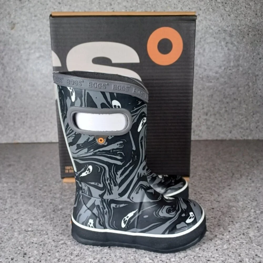 BOGS Rainboot Black Gray Ghost Spooky Kids Waterproof Shoes